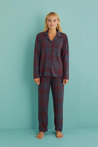 Kadın Genç Önden Düğmeli Uzun Kollu Pijama Takımı | Füme 50701-62