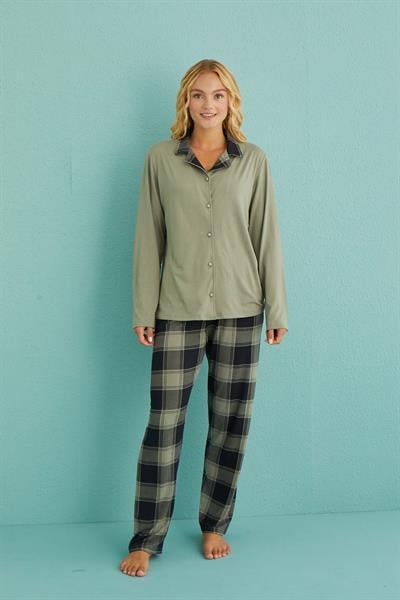 Kadın Genç Önden Düğmeli Uzun Kollu Pijama Takımı | Haki 50901-27