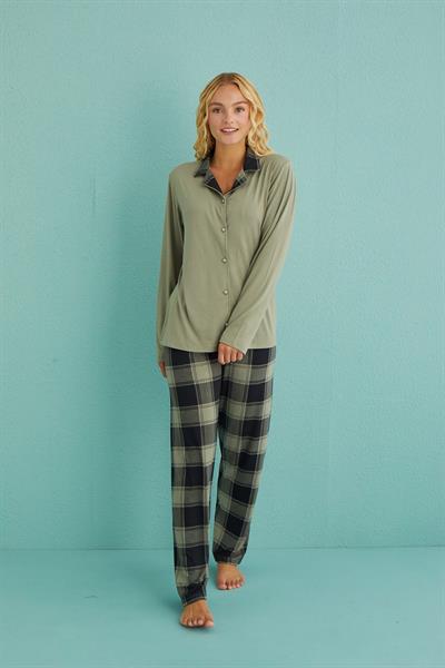 Kadın Genç Önden Düğmeli Uzun Kollu Pijama Takımı | Haki 50901-27