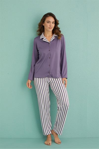 Kadın Genç Sandy Önden Düğmeli Pijama Takım | Lila 19101-7