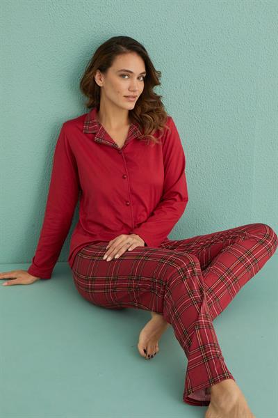 Kadın Genç Sandy Önden Düğmeli Uzun Kollu Pijama Takımı | Bordo 19101-2