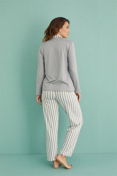 Kadın Genç Sandy Önden Düğmeli Uzun Kollu Pijama Takımı | Gri 19101-6