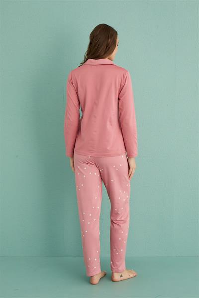Kadın Genç Sandy Önden Düğmeli Uzun Kollu Pijama Takımı | Pudra 19101-31