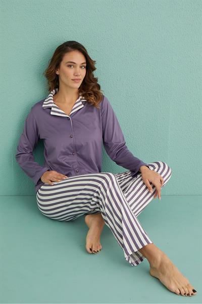 Kadın Genç Sandy Önden Düğmeli Pijama Takım | Lila 19101-7