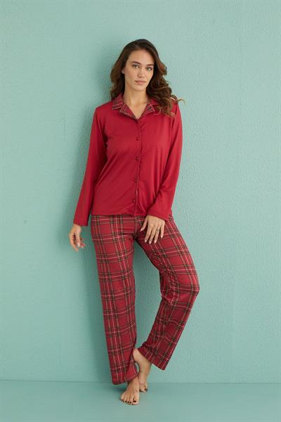 Kadın Genç Sandy Önden Düğmeli Uzun Kollu Pijama Takımı | Bordo 19101-2