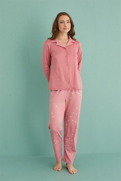 Kadın Genç Sandy Önden Düğmeli Uzun Kollu Pijama Takımı | Pudra 19101-31