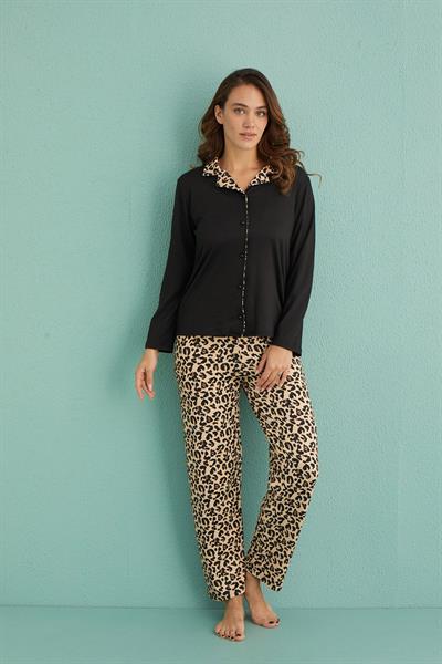 Kadın Genç Sandy Önden Düğmeli Uzun Kollu Pijama Takımı | Siyah 19101-4