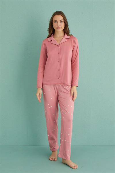 Kadın Genç Sandy Önden Düğmeli Uzun Kollu Pijama Takımı | Pudra 19101-31