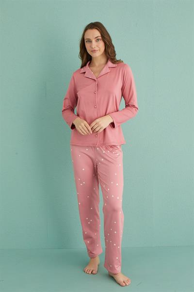 Kadın Genç Sandy Önden Düğmeli Uzun Kollu Pijama Takımı | Pudra 19101-31