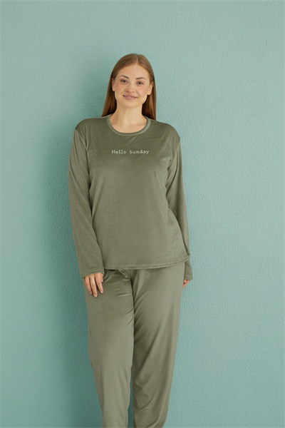 Kadın Kadife Bisiklet Yaka Uzun Kollu Pijama Takımı | Elma Yeşili 13213