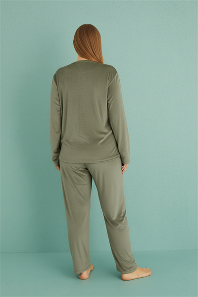 Kadın Kadife Bisiklet Yaka Uzun Kollu Pijama Takımı | Elma Yeşili 13213