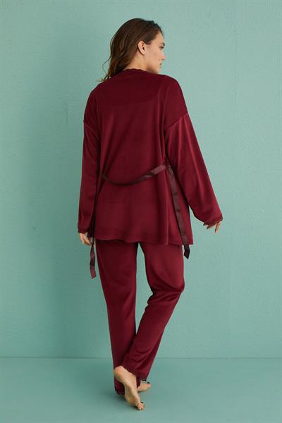 Kadın Kadife Sabahlıklı Altı Uzun 3lü Pijama Takımı | Bordo13402-5
