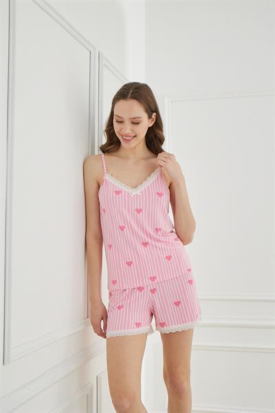 Kadın Çizgili Kalp Desen İp Askılı Şort Takım | Pembe 50115-300