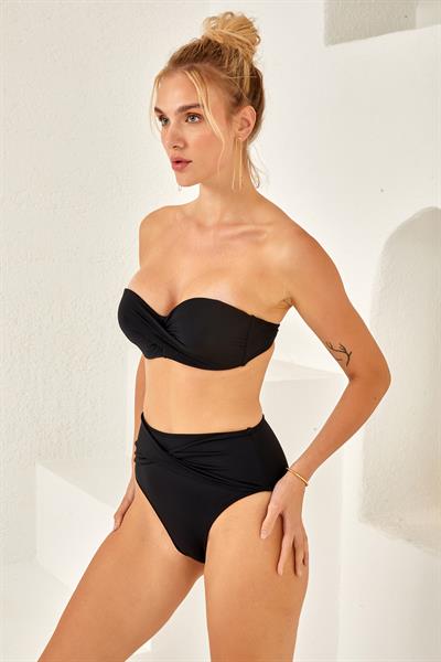 Kadın Kaplı Straplez Yüksek Bel Bikini Takım | Siyah 4259