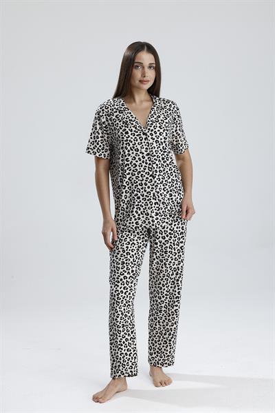 Kadın Düğmeli Leopar Desen Kısa Kollu Pijama Takım