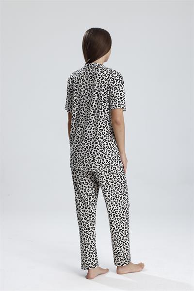 Kadın Düğmeli Leopar Desen Kısa Kollu Pijama Takım