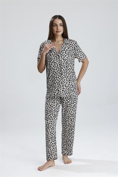 Kadın Düğmeli Leopar Desen Kısa Kollu Pijama Takım