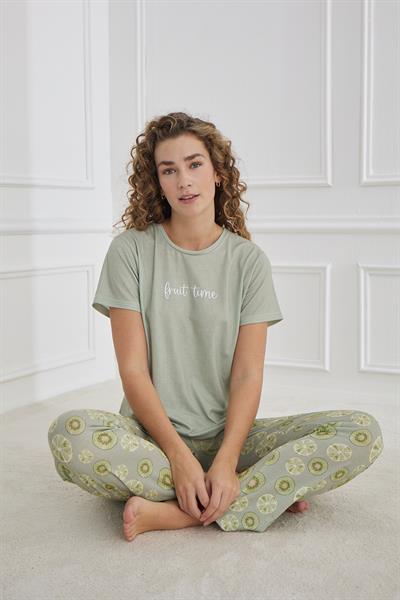 Kadın Desenli  Likralı Süprem Bisiklet Yaka Pijama Takım | Yeşil 70109-1219