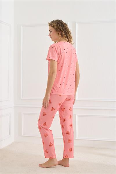 Kadın Desenli  Likralı Süprem Bisiklet Yaka Pijama Takım | Pembe 70109-921