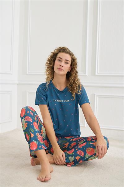 Kadın Desenli Likralı Süprem Bisiklet Yaka Pijama Takım | İndigo 70109-927