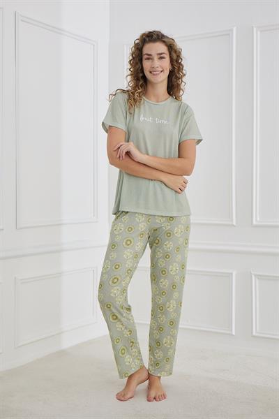 Kadın Desenli  Likralı Süprem Bisiklet Yaka Pijama Takım | Yeşil 70109-1219