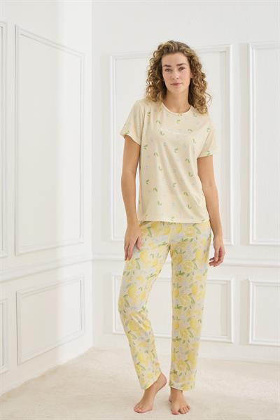 Kadın Limon Desenli Likralı Süprem Bisiklet Yaka Pijama Takım | 70109-922