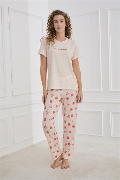 Kadın Çilek Desenli Likralı Süprem Bisiklet Yaka  Pijama Takım | Somon 70109-1221