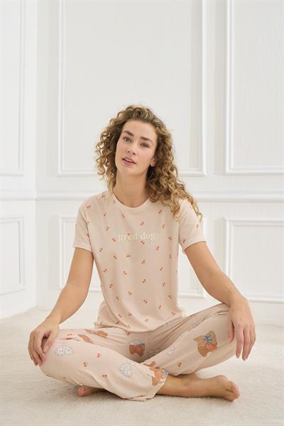 Kadın Destekli Likralı Süprem Bisiklet Yaka Pijama Takım | Bej 70109-925