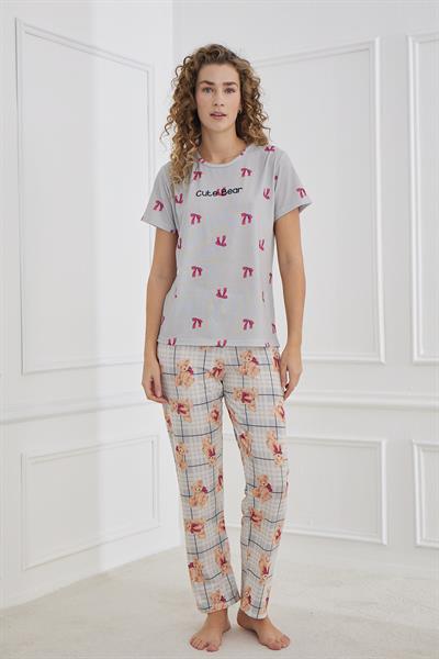 Kadın Desenli Likralı Süprem Bisiklet Yaka Pijama Takım | Gri 70109-1220