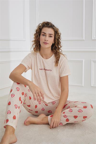 Kadın Çilek Desenli Likralı Süprem Bisiklet Yaka  Pijama Takım | Somon 70109-1221