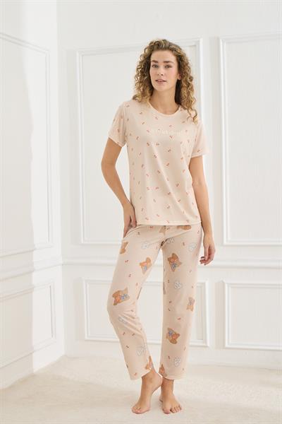 Kadın Destekli Likralı Süprem Bisiklet Yaka Pijama Takım | Bej 70109-925