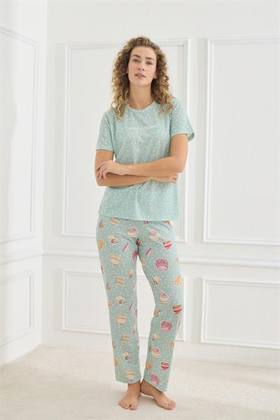 Kadın Desenli Likralı Süprem Bisiklet Yaka Pijama Takım | Turkuaz 70109-926
