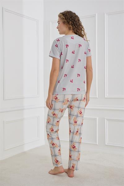 Kadın Desenli Likralı Süprem Bisiklet Yaka Pijama Takım | Gri 70109-1220
