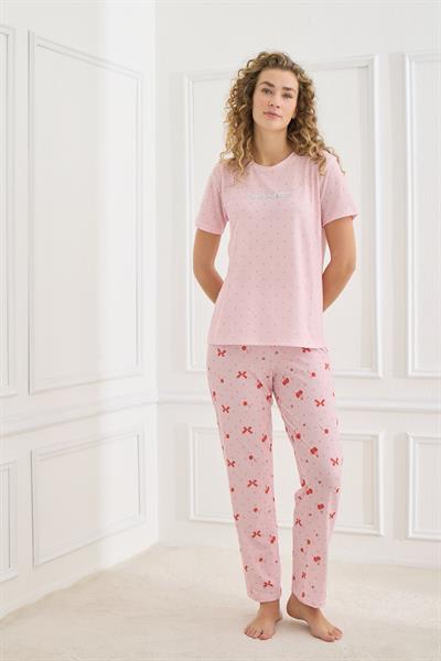 Kadın Desenli Likralı Süprem Bisiklet Yaka Pijama Takım | Pembe 70109-924