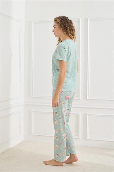 Kadın Desenli Likralı Süprem Bisiklet Yaka Pijama Takım | Turkuaz 70109-926