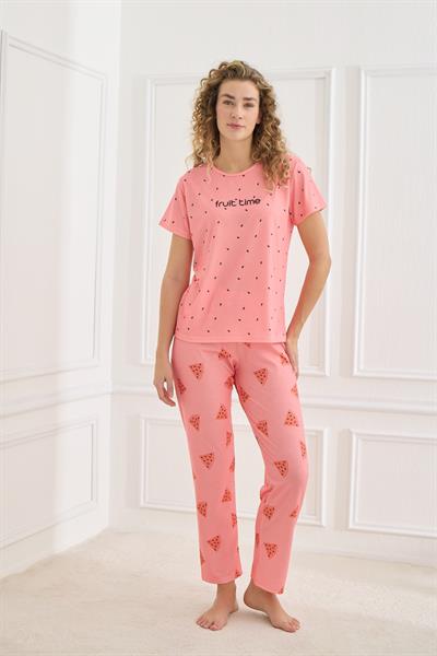 Kadın Desenli  Likralı Süprem Bisiklet Yaka Pijama Takım | Pembe 70109-921