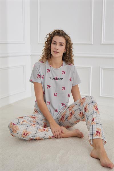 Kadın Desenli Likralı Süprem Bisiklet Yaka Pijama Takım | Gri 70109-1220