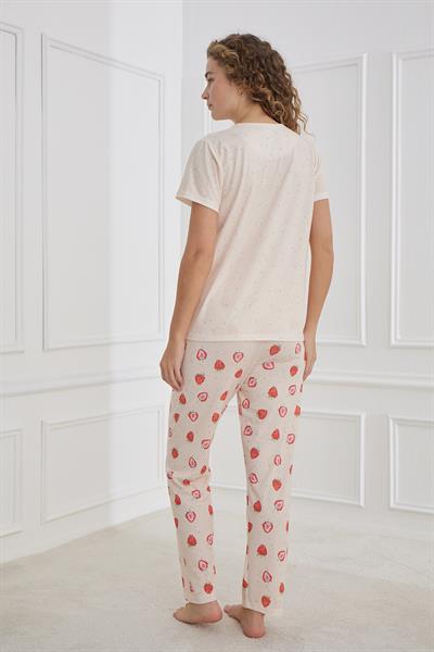 Kadın Çilek Desenli Likralı Süprem Bisiklet Yaka  Pijama Takım | Somon 70109-1221