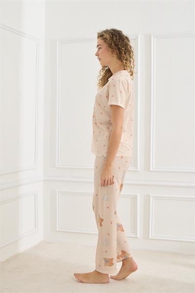 Kadın Destekli Likralı Süprem Bisiklet Yaka Pijama Takım | Bej 70109-925