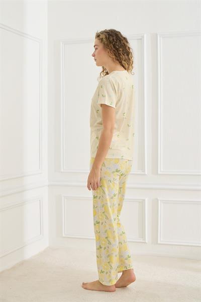 Kadın Limon Desenli Likralı Süprem Bisiklet Yaka Pijama Takım | 70109-922