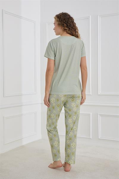 Kadın Desenli  Likralı Süprem Bisiklet Yaka Pijama Takım | Yeşil 70109-1219
