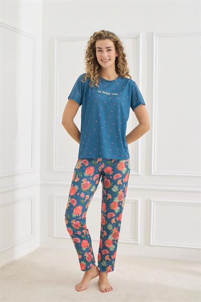 Kadın Desenli Likralı Süprem Bisiklet Yaka Pijama Takım | İndigo 70109-927