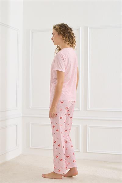 Kadın Desenli Likralı Süprem Bisiklet Yaka Pijama Takım | Pembe 70109-924