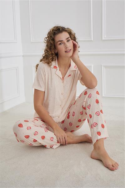 Kadın Desenli Polo Yaka Likralı Pijama Takım | Somon 70110-1223