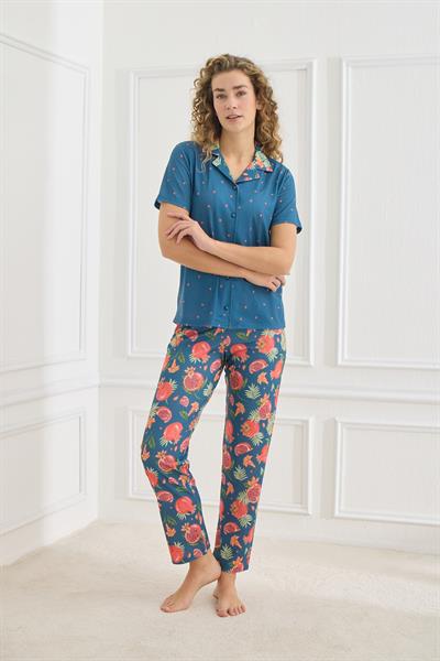 Kadın Desenli Polo Yaka Likralı Pijama Takım | İndigo 70110-855