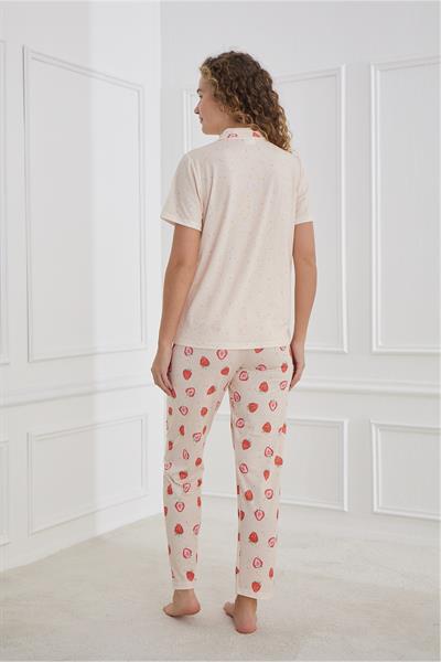 Kadın Desenli Polo Yaka Likralı Pijama Takım | Somon 70110-1223