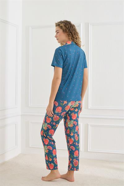 Kadın Desenli Polo Yaka Likralı Pijama Takım | İndigo 70110-855