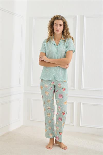 Kadın Likralı Süprem Önden Düğmeli Pijama Takım | 70110-920