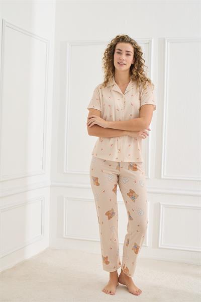 Kadın Desenli Polo Yaka Likralı Pijama Takım | Bej 70110-858