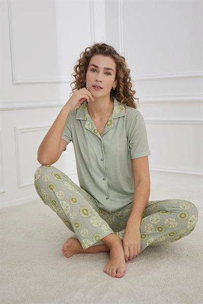 Kadın Likralı Süprem Önden Düğmeli Pijama Takım | 70110-1222